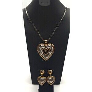 Vtg Signed Park Lane Two Toned Heart 22" Necklace and Earring Set